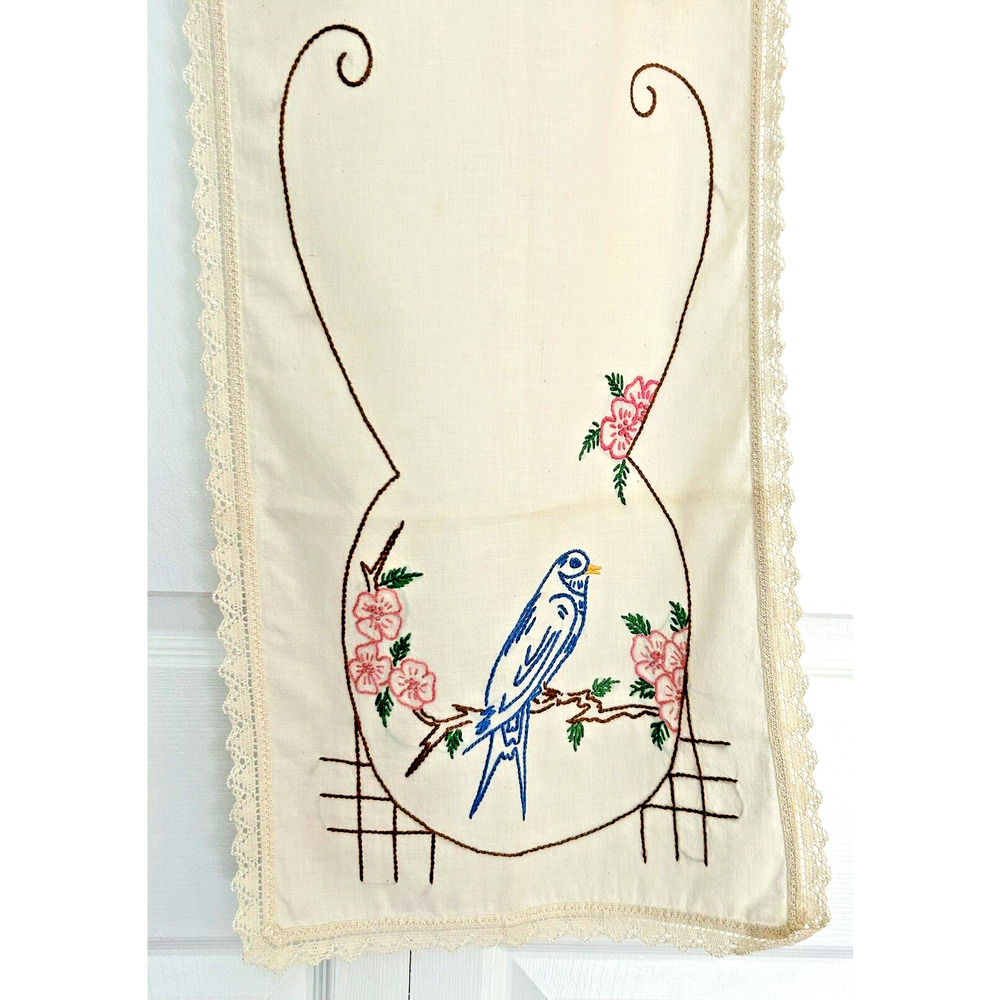 Dresser Scarf Table Runner Parrot Bird Vintage Linen Handmade Needlepoint 42x14"